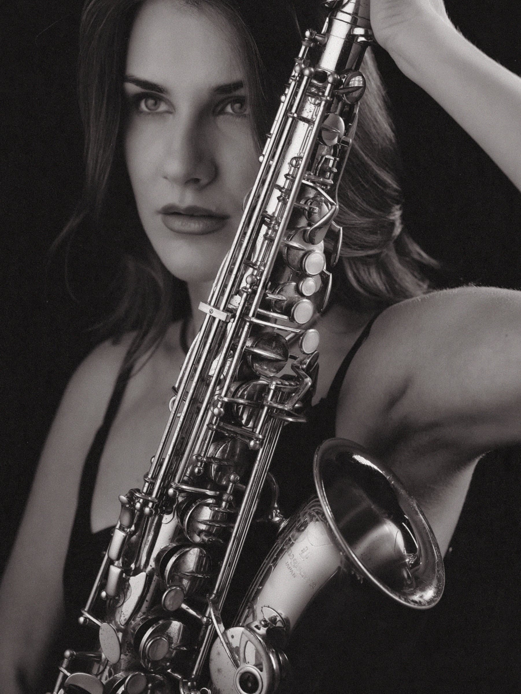 Violetta editorial portrait with saxophone